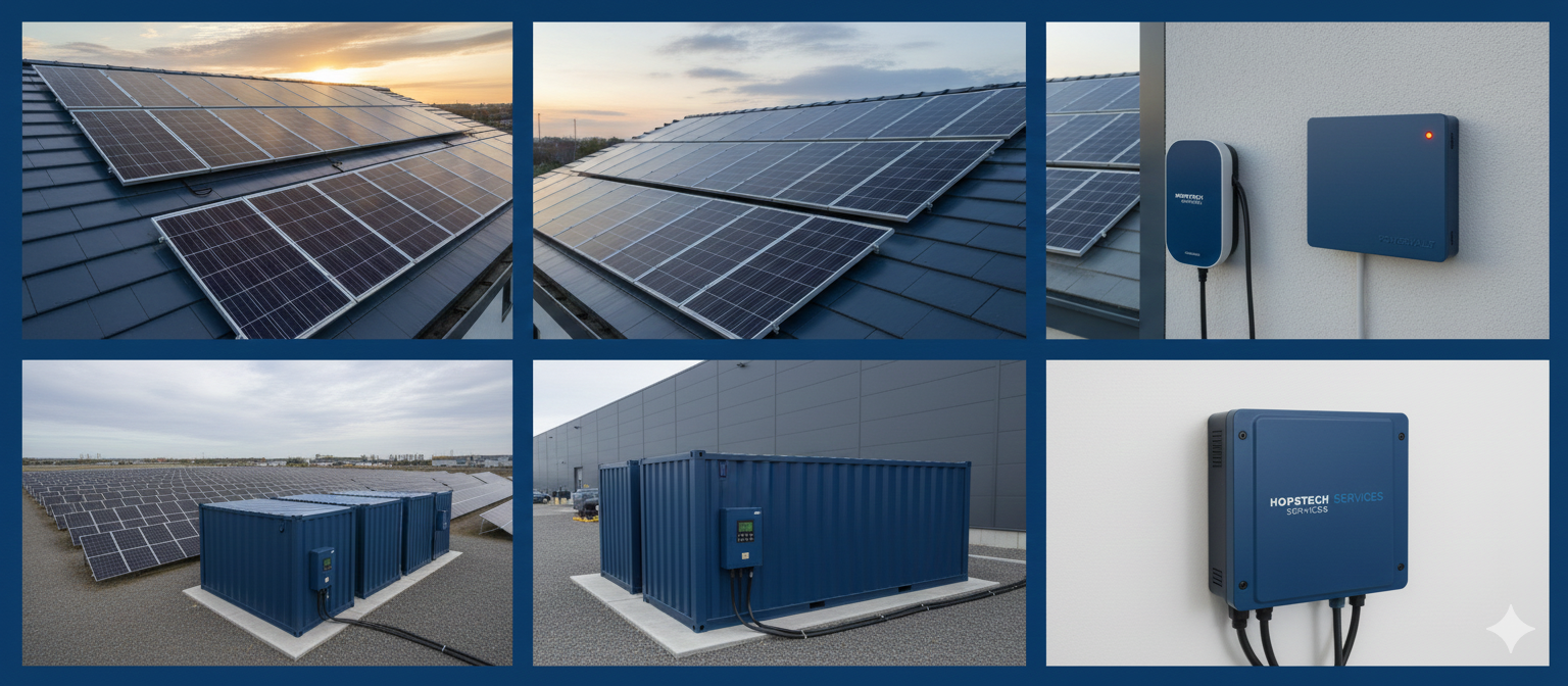 A team of solar engineers reviewing blueprints